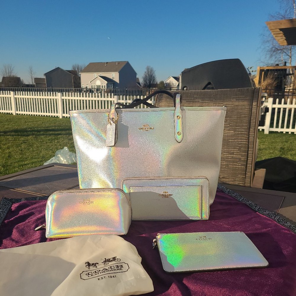 Coach City hologram iridescent tote with matching wallet, wristlet, makeup bag